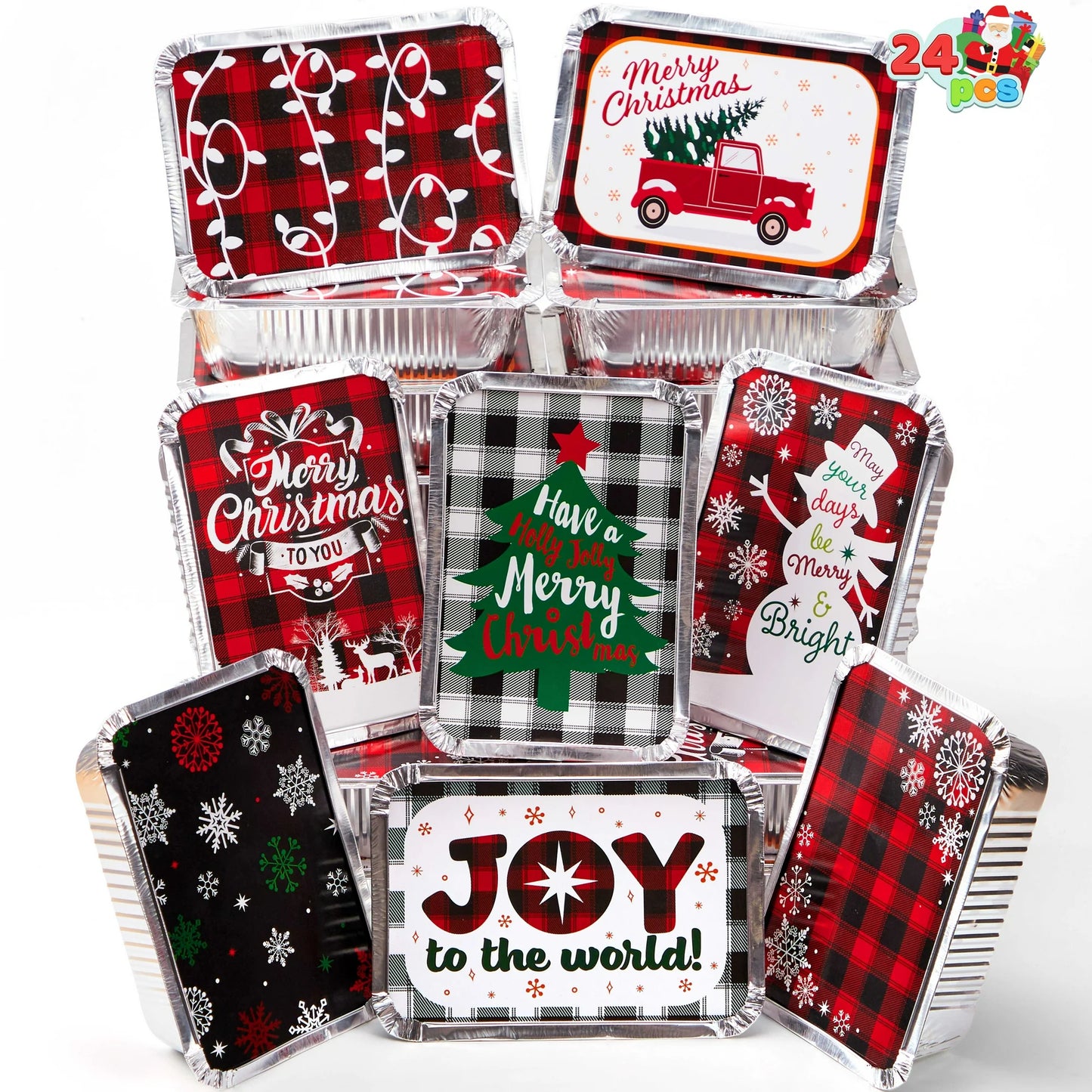 SYNCFUN 24 Pcs Christmas Foil Containers with Lid, Aluminum Foil Pans with Lids, 7"x5"x2" Disposable Foil Pans with Covers, Food Containers Great for Baking, Cooking, Heating, Storing, Prepping Food
