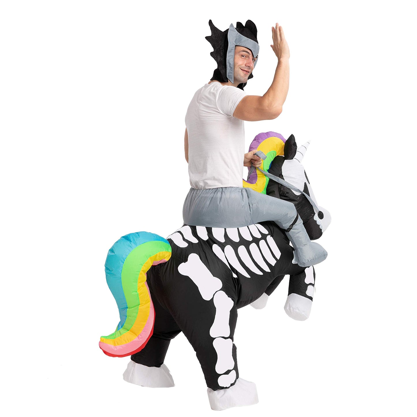 Syncfun Inflatable Halloween Costume, Ride A Skeleton Unicorn Blow Up Costume with LED Light Eyes, Ride On Inflatable Costume for Adult