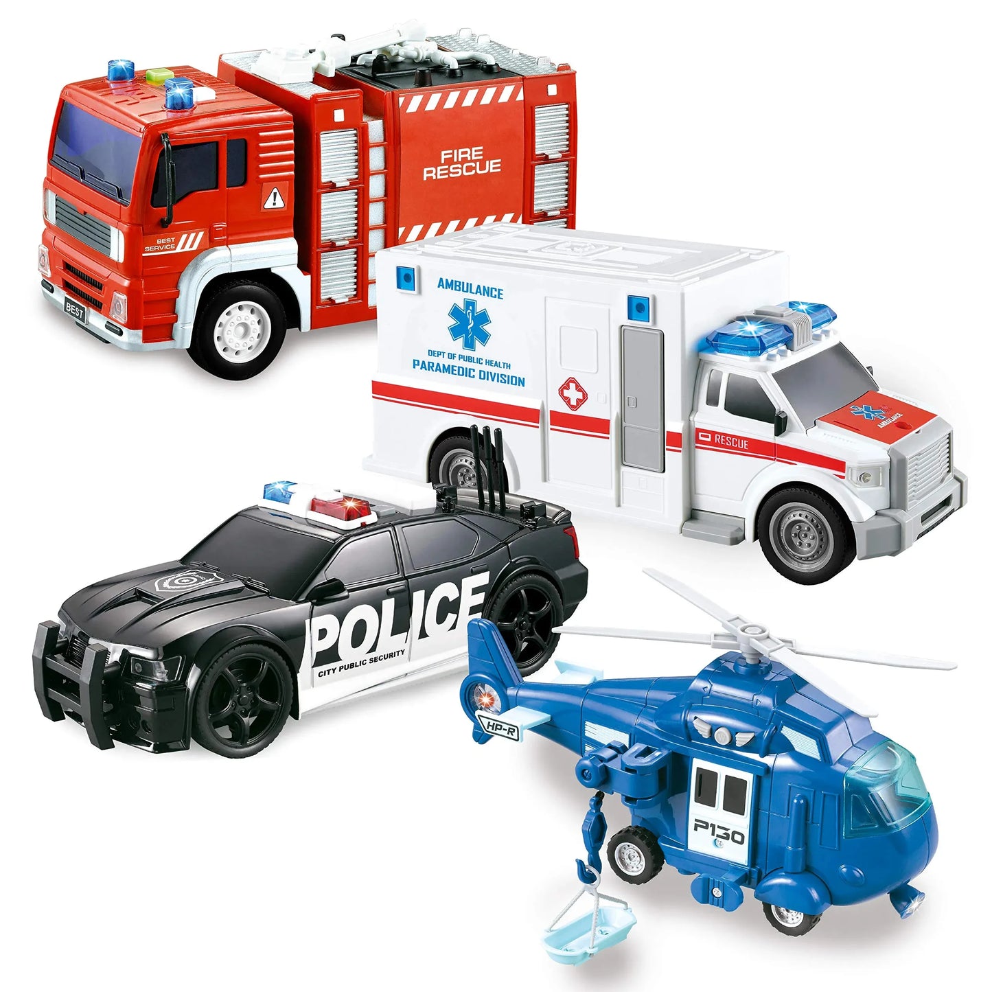 Syncfun 4 Packs Emergency Vehicle Toy Playsets, Friction Powered Vehicles with Light and Sound, Including Fire Truck, Ambulance Toy, Play Police Car and Toy Helicopter, Best Toddler Kids Boys Gifts