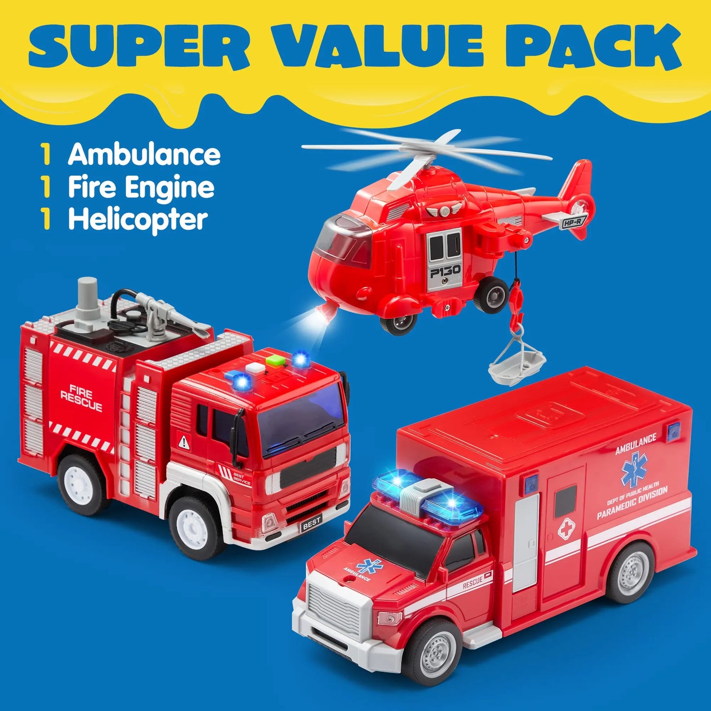 Joyfy Toddlers Play Vehicles Toy, 3 Pack Emergency Rescue Car Vehicles with Light and Sound, Friction Powered Toy for Kids 2 3 4 5 6 Year Old Boys Girls