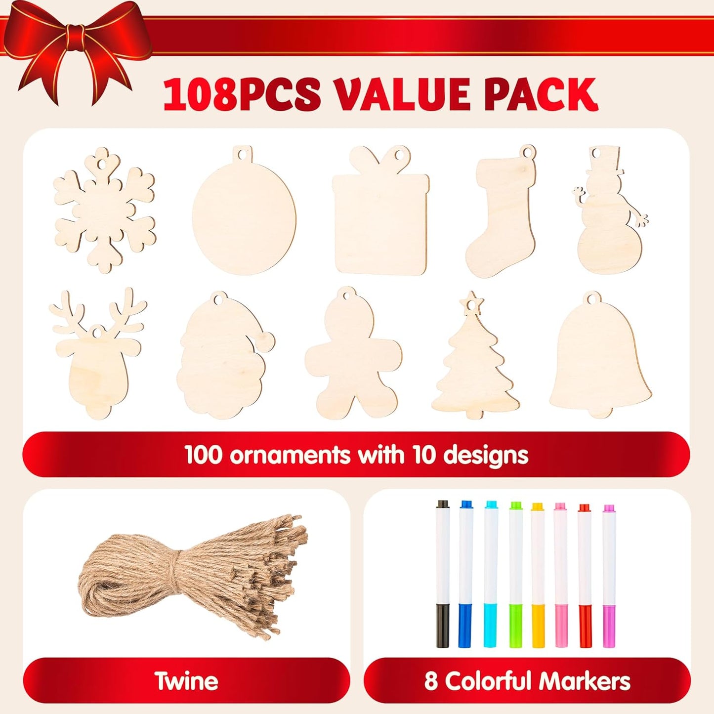 SYNCFUN 100 Pcs Christmas Wooden Hanging Ornaments with 8 Colored Pens, Unfinished Wood Ornaments Bulk for Kids Make Your Own Craft, DIY Coloring Ornament Gifts for Xmas Tree Decor Party Supplies