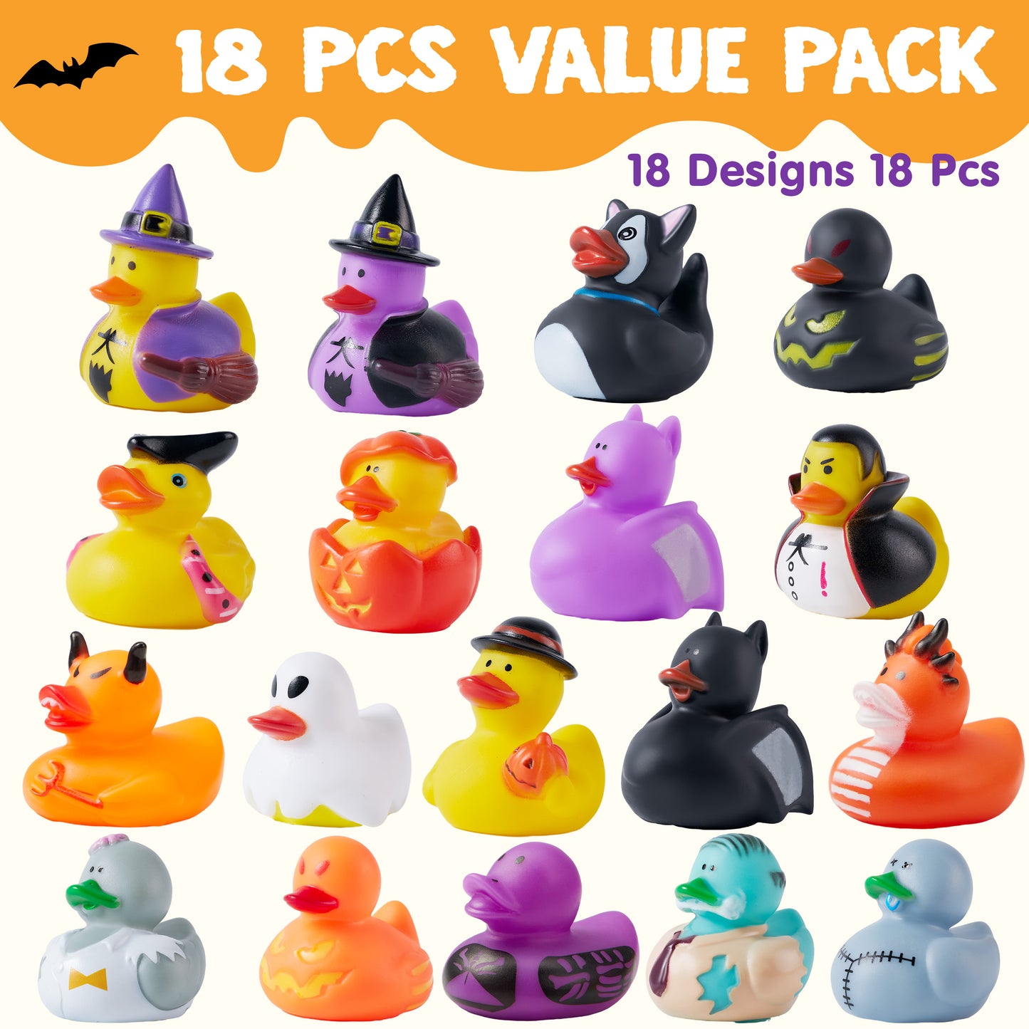 SYNCFUN 18 Pcs Halloween Rubber Ducks,Halloween Toys Rubber Ducks in Bulk for Baby Toddlers Kids,Halloween Bath Toy Basket Prizes,Halloween Toys for Trick or Treaters