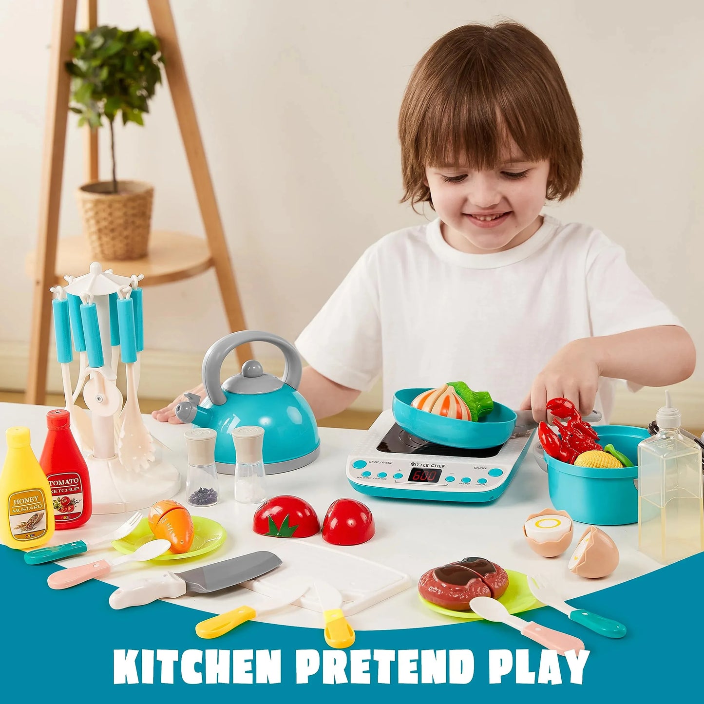 Syncfun 37Pcs Kids Kitchen Playset, Pretend Play Cookware Set Including Pots and Pans, Play Food, Cutting Vegetables, Gifts for Toddler Boys Girls Ages 1-8