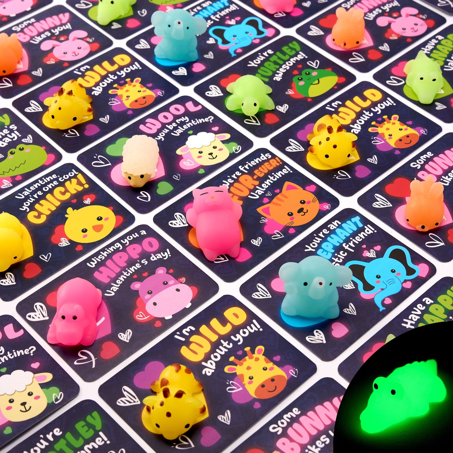 36 Packs Valentine’s Day 9-Design Gift Cards with Glow in Dark Mochi Squishy Toys, Stress Relief Fidget Toys, Glowing Squeeze Toys for Kids Valentine's Party Favors and Classroom Exchange