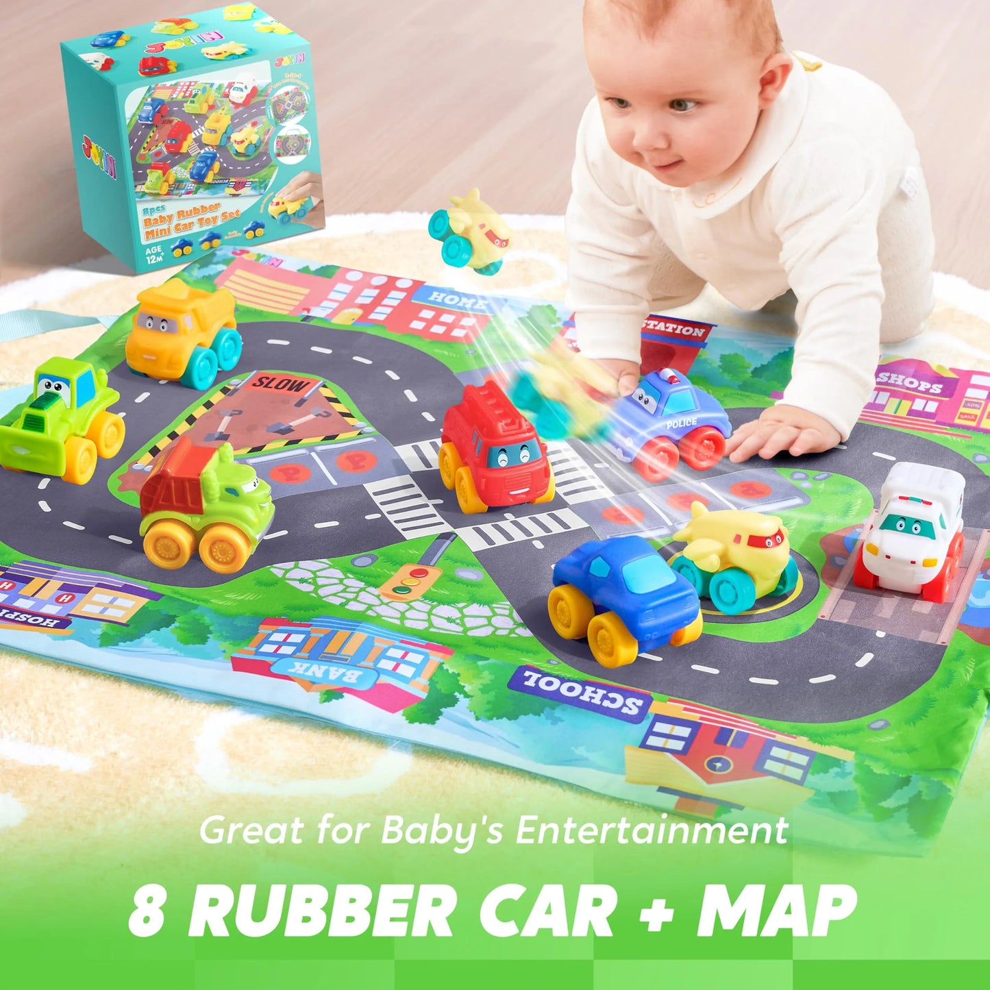 Syncfun Car Toy for Toddlers 1 2 3 Years Old, 8 Pcs Rubber Cartoon Cars with Playmat Storage Bag, Mini Baby Bath Toy Car, Birthday Gift for Kids Boys