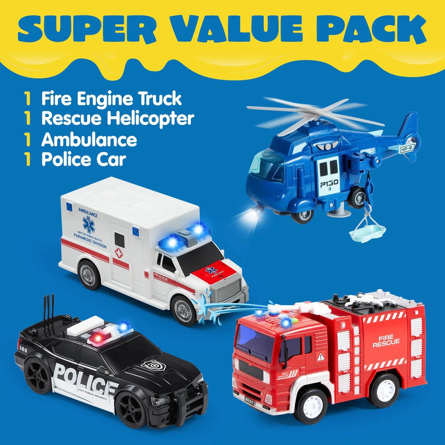 Syncfun 4 Packs Emergency Vehicle Toy Playsets, Friction Powered Vehicles with Light and Sound, Including Fire Truck, Ambulance Toy, Play Police Car and Toy Helicopter, Best Toddler Kids Boys Gifts