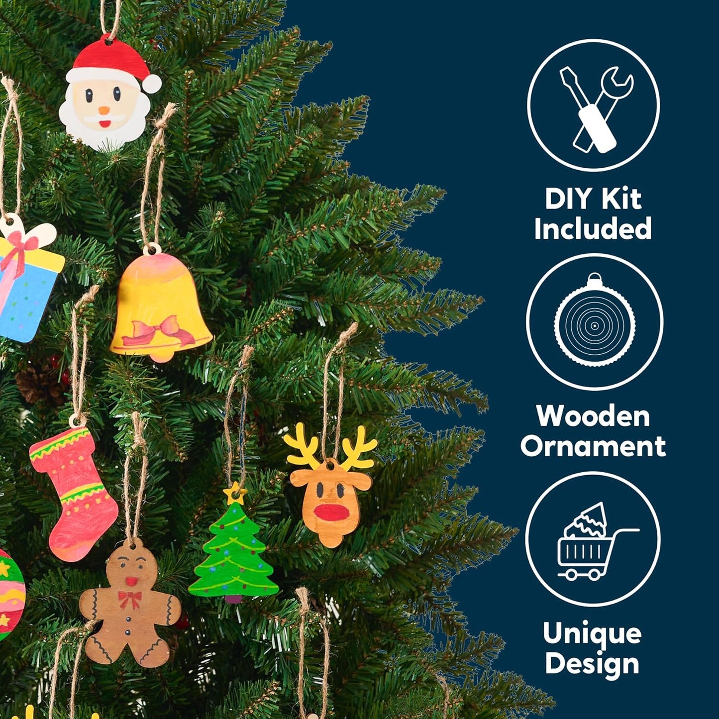 SYNCFUN 100 Pcs Christmas Wooden Hanging Ornaments with 8 Colored Pens, Unfinished Wood Ornaments Bulk for Kids Make Your Own Craft, DIY Coloring Ornament Gifts for Xmas Tree Decor Party Supplies