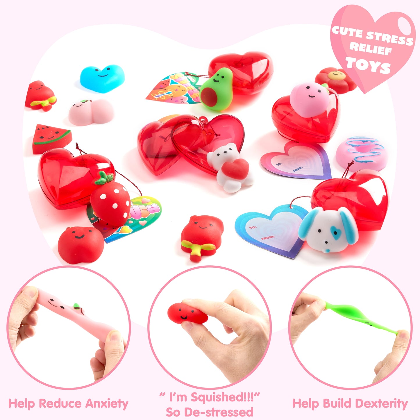 56 Pcs Valentines Cards for Kids (28 Mochi and 28 Cards),Kawaii Animal Mochi Squishy Stress Relief Gifts for Girls,Valentine Games Class Prizes for Kids