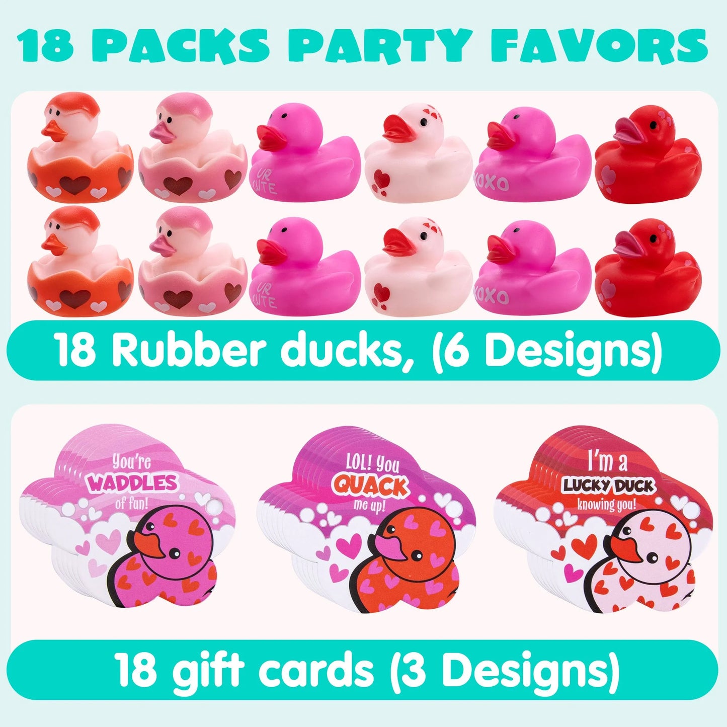 18 Pcs Valentine’s Day Gift Cards with Rubber Duck for Kids,Mini Rubber Duck Bath Toys for Classroom Exchange Prizes, Valentine Party Favors Toys