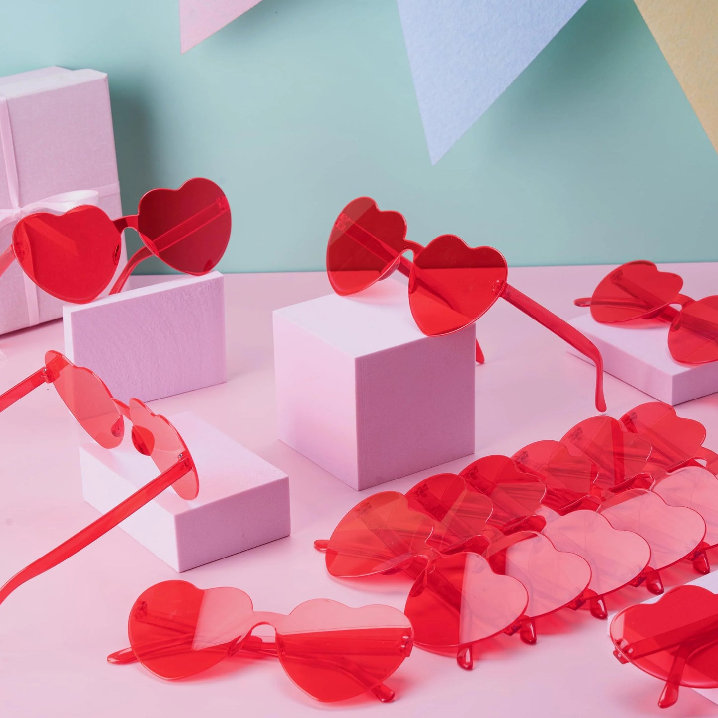 12 Pack Valentine's Day Heart Shape Glasses, Rimless Sunglasses, Classroom Exchange Gift for Kids, Stylish and Safe Eyewear in Red