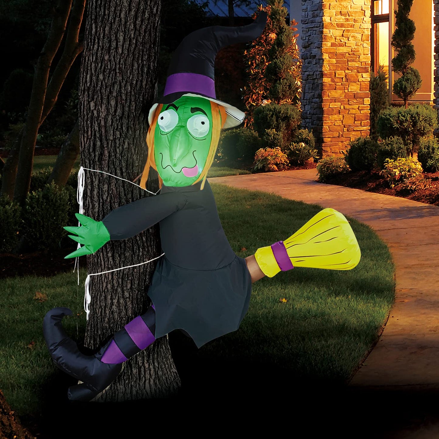 Syncfun 4 FT Halloween Inflatable Outdoor Witch Crashing Into Tree Decorations Blow Up Inflatables Halloween Yard Decorations