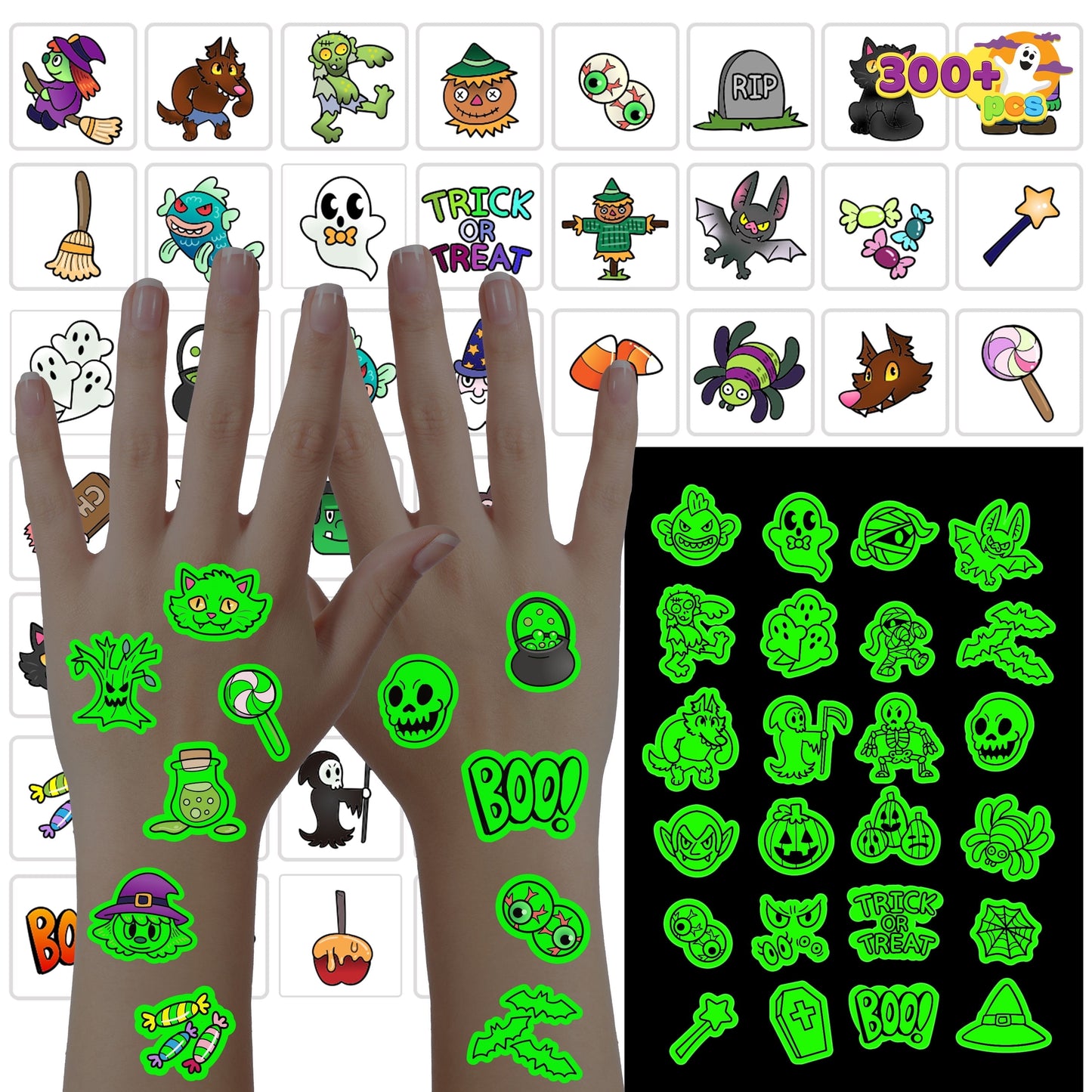 Joyfy 300+ Halloween Temporary Tattoos,Glow in The Dark Tattoos for Kids,Halloween Toys Bulk,Halloween Trick or Treat Toys,Halloween Party Favor