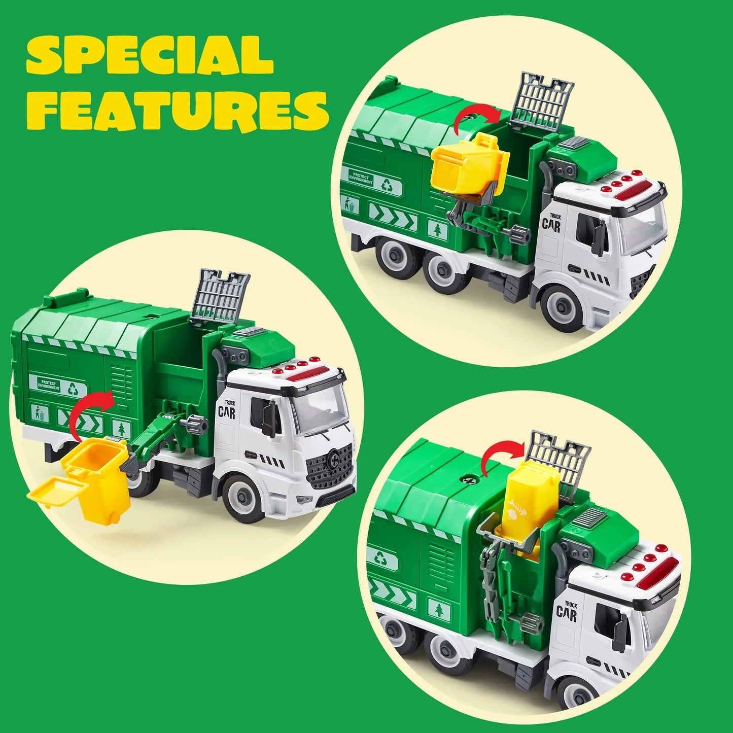 Syncfun Recycling Garbage Truck Toy for Boys, Assembly Friction Powered Side-Dump Garbage Toy with Light and Sounds. Play Car Vehicles for Kids Toddlers