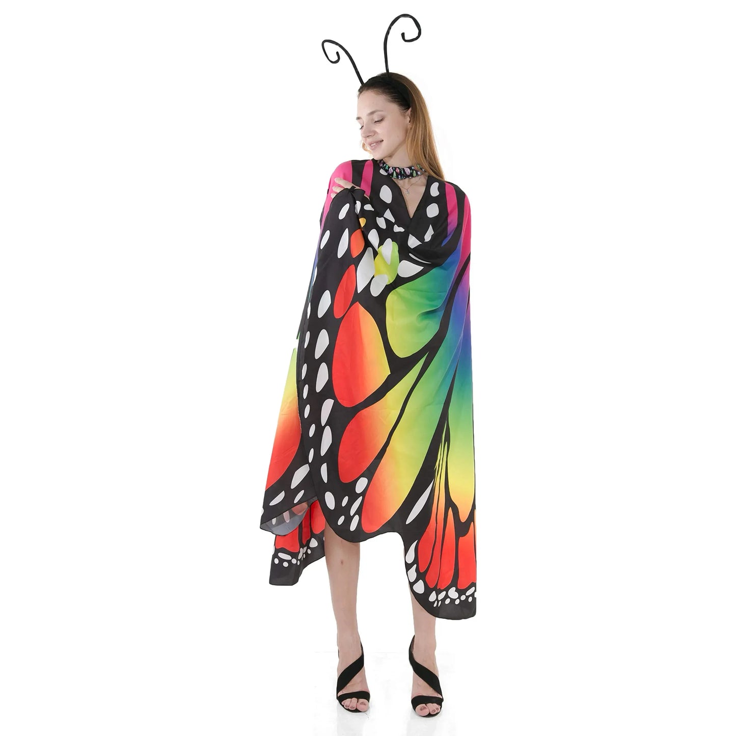 Syncfun Butterfly Wing Cape Shawl with Lace Mask and Black Velvet Antenna Headband