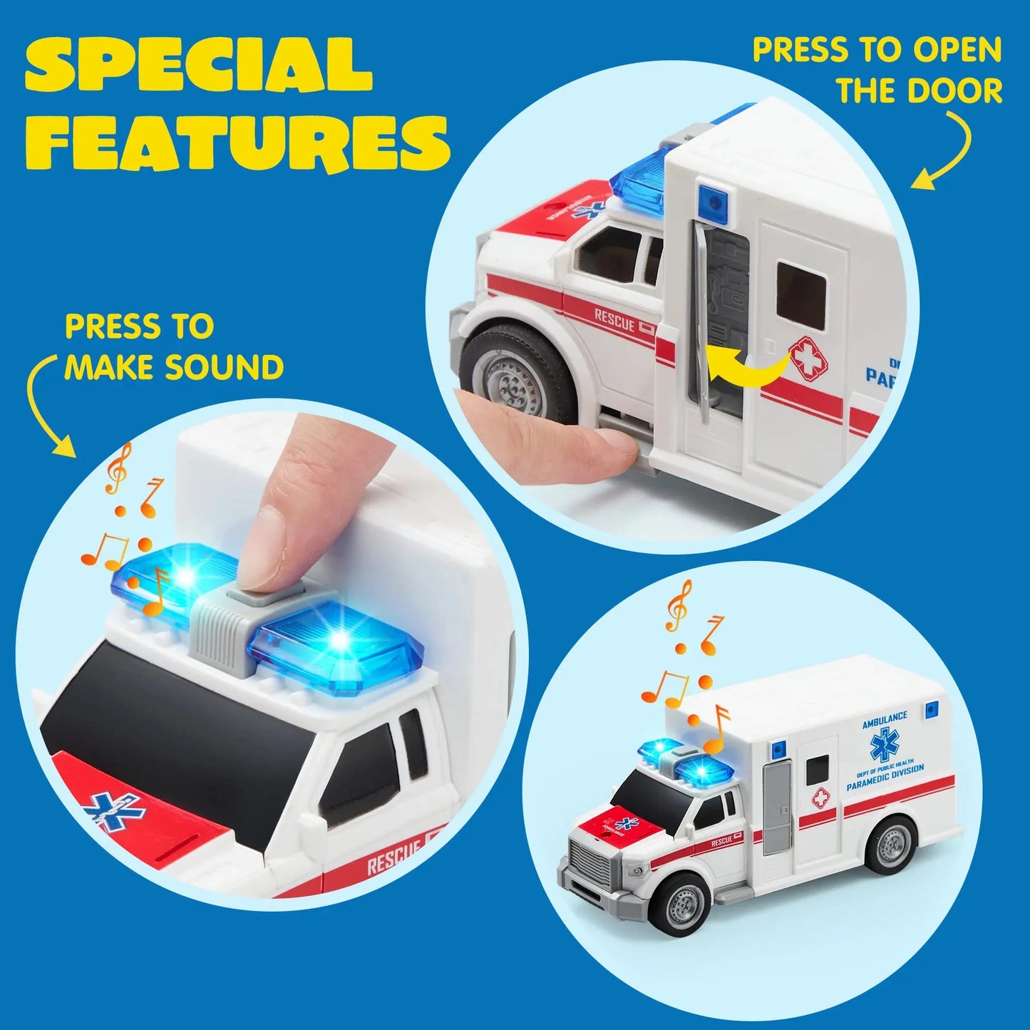 Syncfun 4 Packs Emergency Vehicle Toy Playsets, Friction Powered Vehicles with Light and Sound, Including Fire Truck, Ambulance Toy, Play Police Car and Toy Helicopter, Best Toddler Kids Boys Gifts