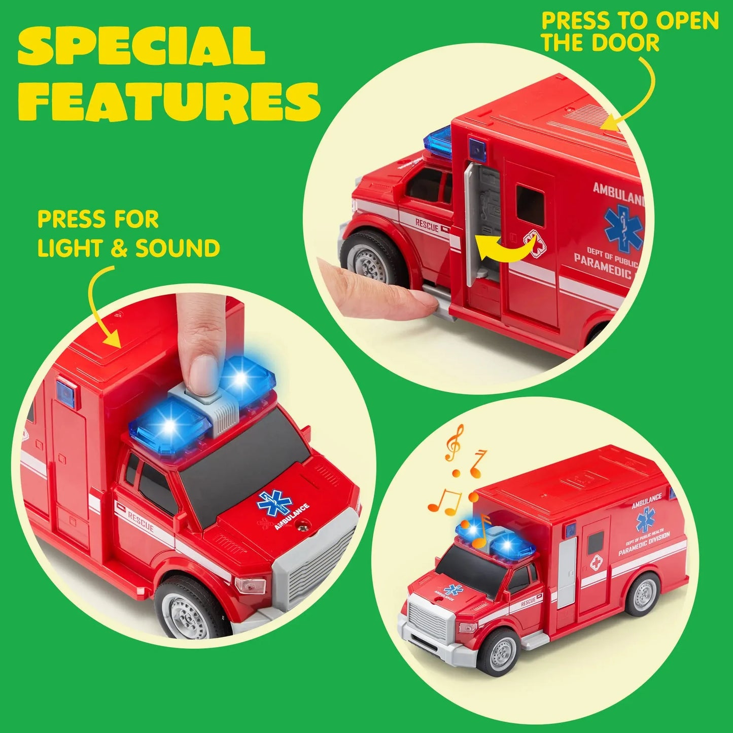 Syncfun 4 Pcs 7" Long Vehicle Toy Set, Toddlers Cars with Lights and Siren Sound, Including Play Police Car, School Bus, Toy Garbage Truck, Ambulance Toy, Birthday Party Gifts Toys for Boys 3-6