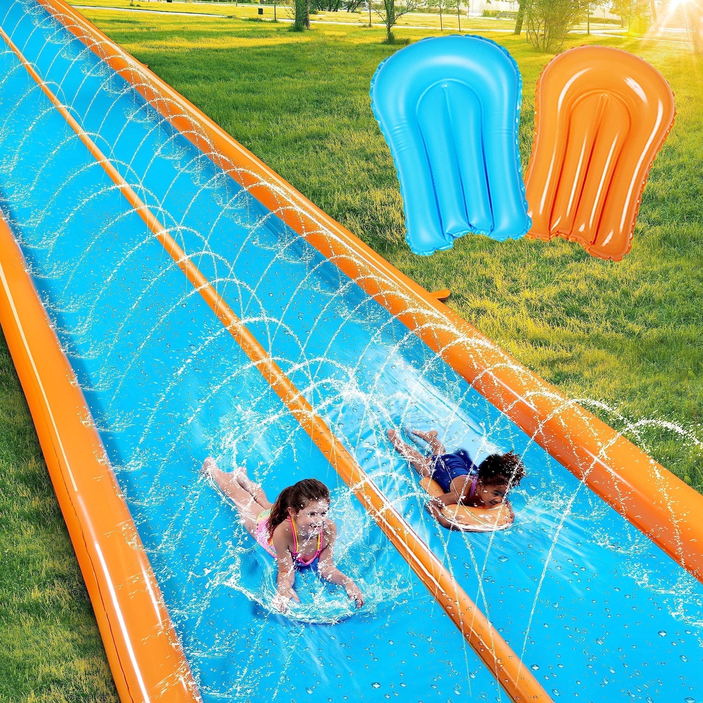 Joyfy 25ft x 6ft Double Water Slide for Kids, Heavy Duty Lawn Water Slide with Sprinkler and 2 Slip Inflatable Boards for Summer Yard Lawn Outdoor Water Play Activities