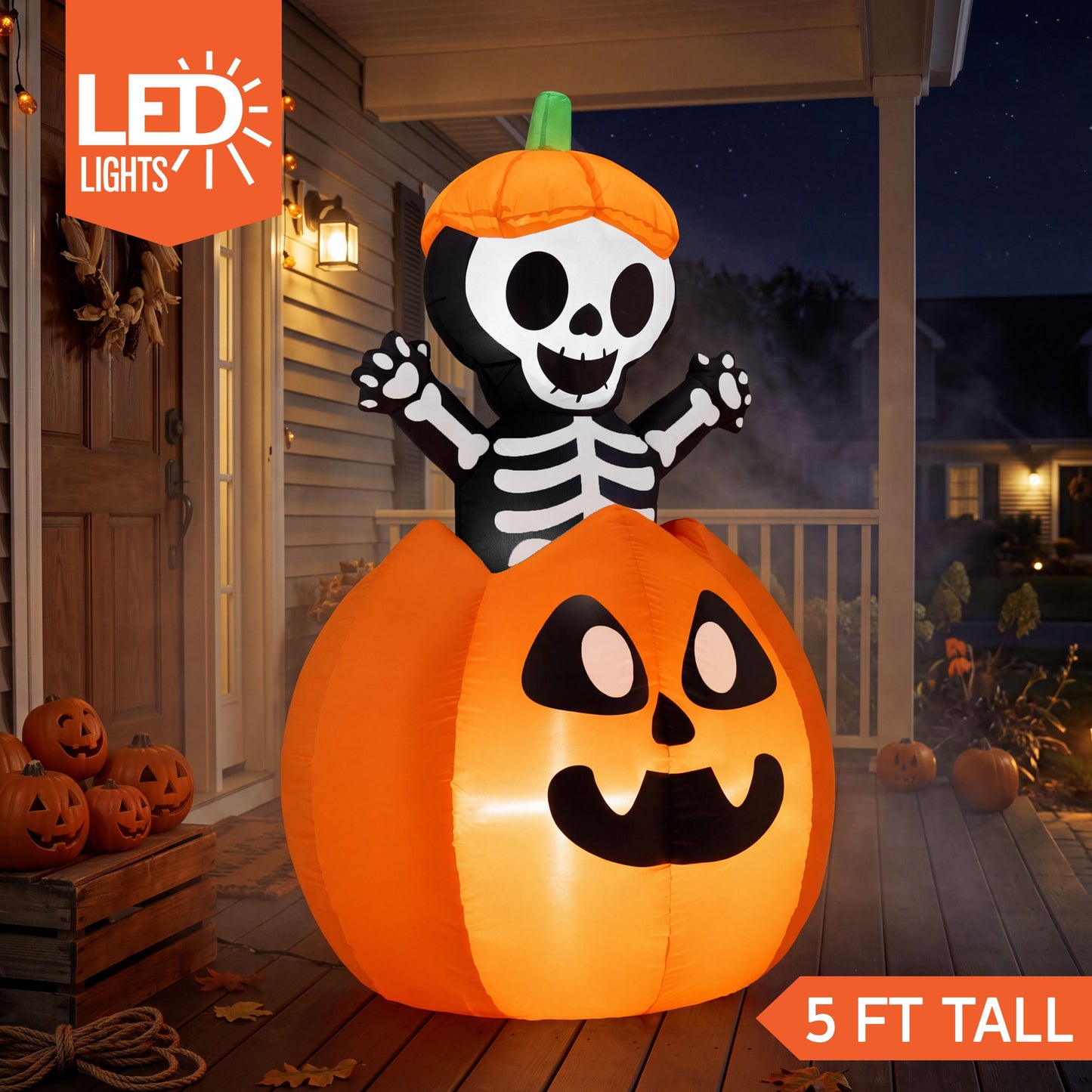 Joyfy 5 ft Halloween Inflatable Animated Skeleton on Pumpkin,Halloween Pumpkin Skeleton Outdoor Decoration with LED Lights,Blow Up Decoration for Yard & Lawn,Party