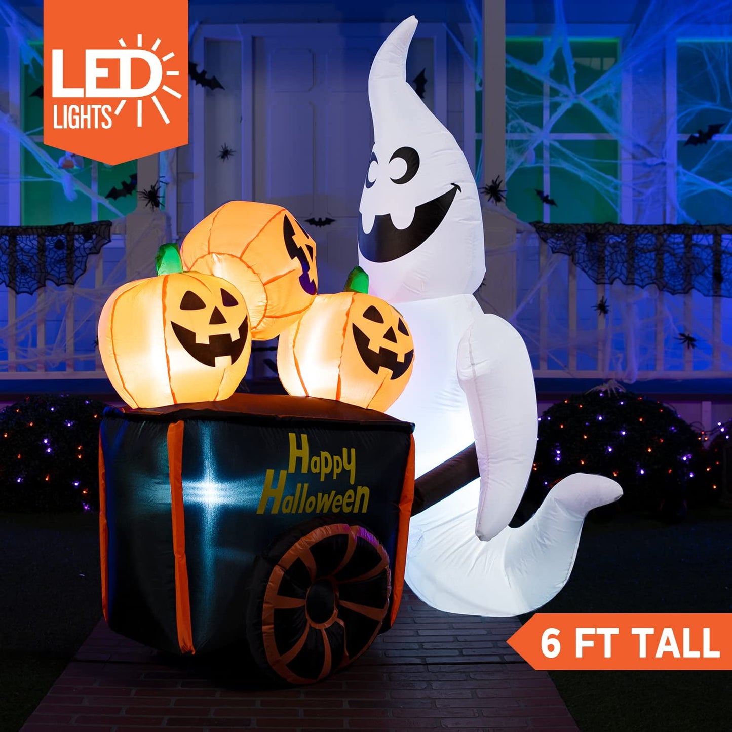 Syncfun 6 FT Halloween Inflatable Ghost Pushing Pumpkin Cart Decorations with Build-in LEDs,Outdoor Halloween Ghost Decorations Blow up Yard Decorations