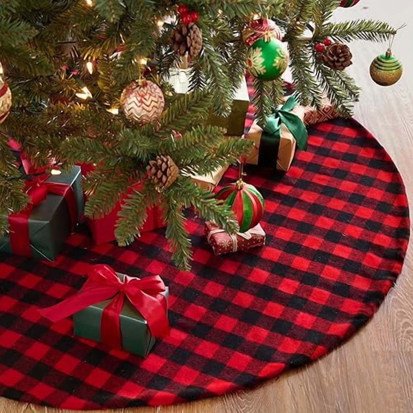 Joyfy Christmas Tree Skirt 36 Inch, Large Red Black Buffalo Plaid Xmas Tree Skirts,Holiday Party Intdoor Decoration