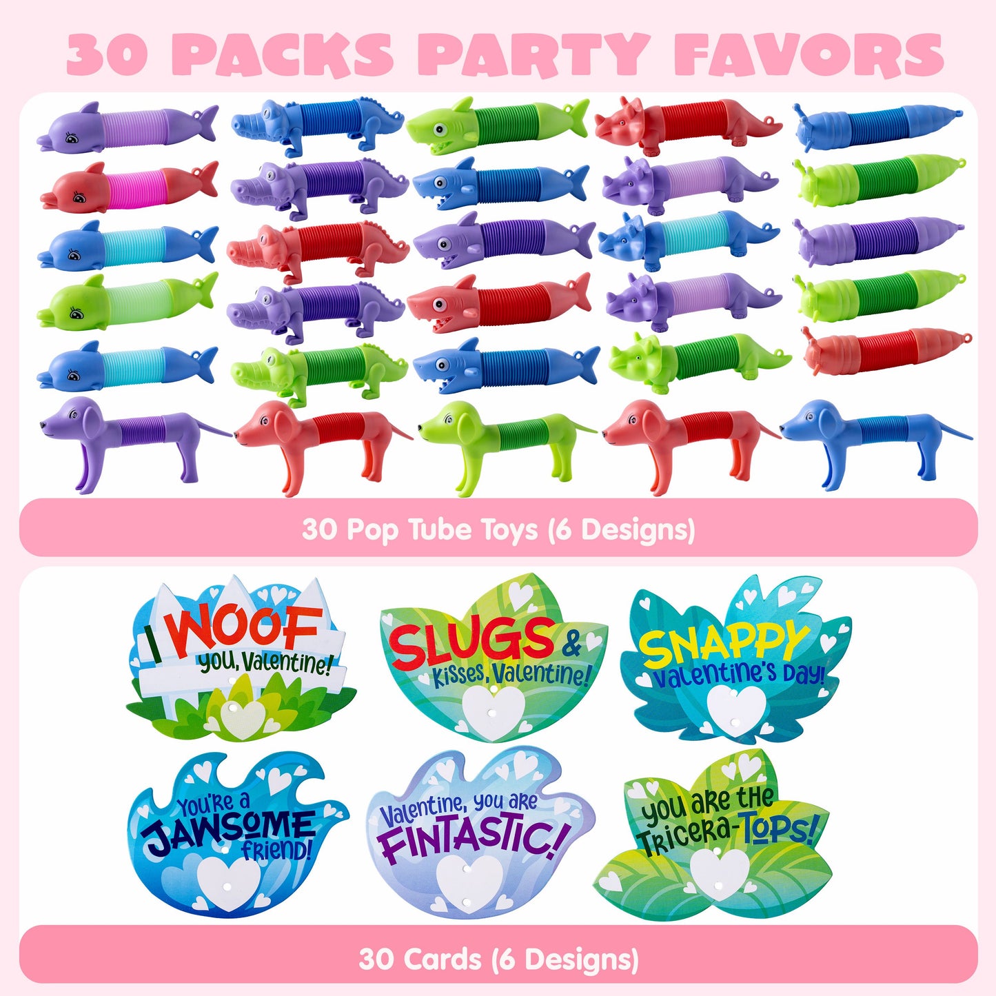 30 Packs Valentine’s Day Gift Cards with Critter Pop Tubes, Stress Relief Fidget Toys, Telescopic Tube Toys for Kids Valentine's Party Favors, Classroom Gift Exchange and Goodie Bag Filler
