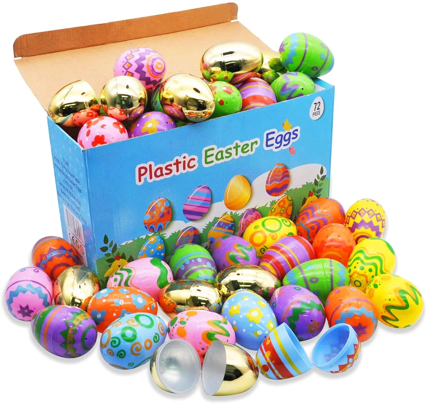 72Pcs 3" Plastic Printed Easter Egg with Golden Eggs for Easter Egg Hunt Event, Party Favor Goodie Bags, Scene and Decoration, School Classroom Prizes