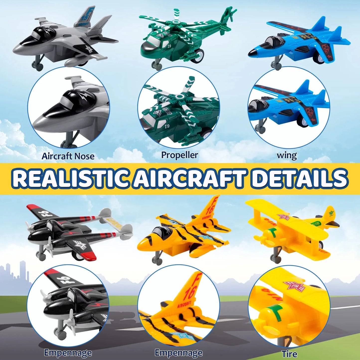 Syncfun 16 Pcs Airplane Toys for Toddlers 1-3, Mini Car Party Favors, Pull Back Plane Playset Including Helicopter, Fighter Jet, Bomber, Biplane, Gifts for Kids