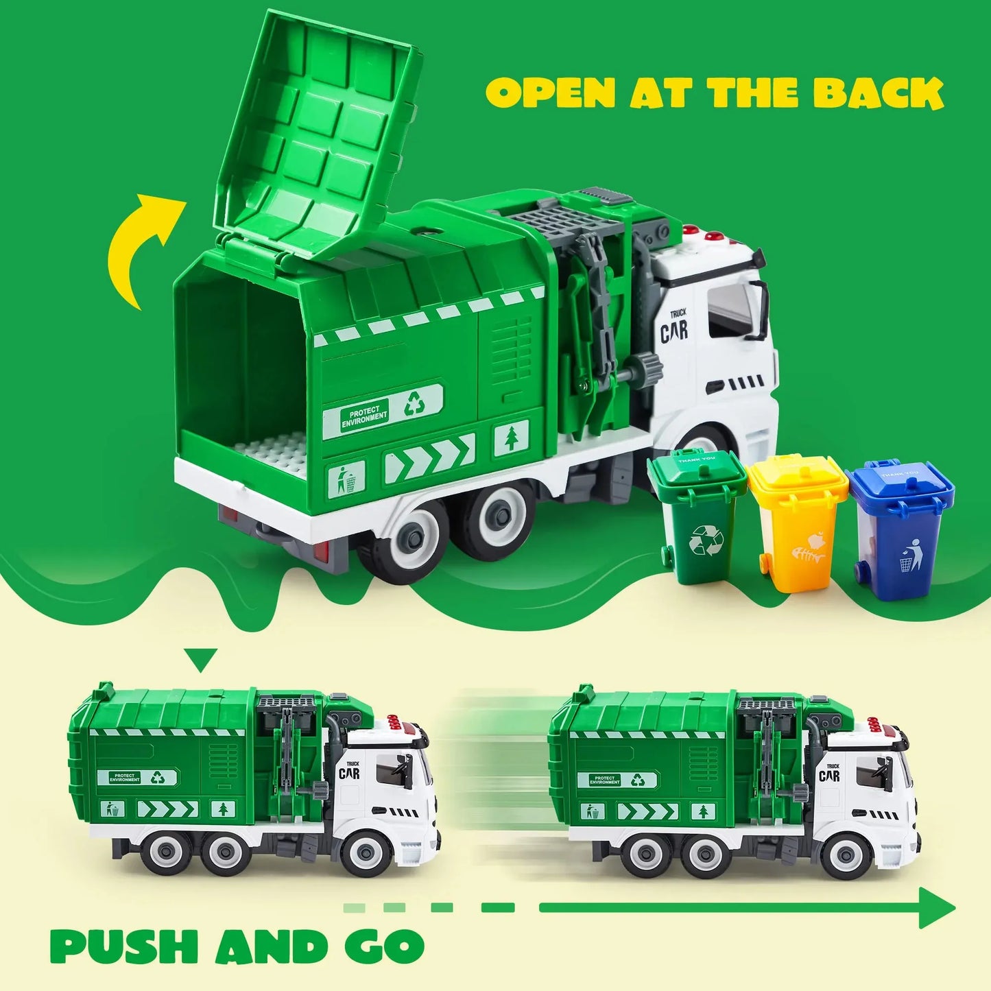 Syncfun Recycling Garbage Truck Toy for Boys, Assembly Friction Powered Side-Dump Garbage Toy with Light and Sounds. Play Car Vehicles for Kids Toddlers