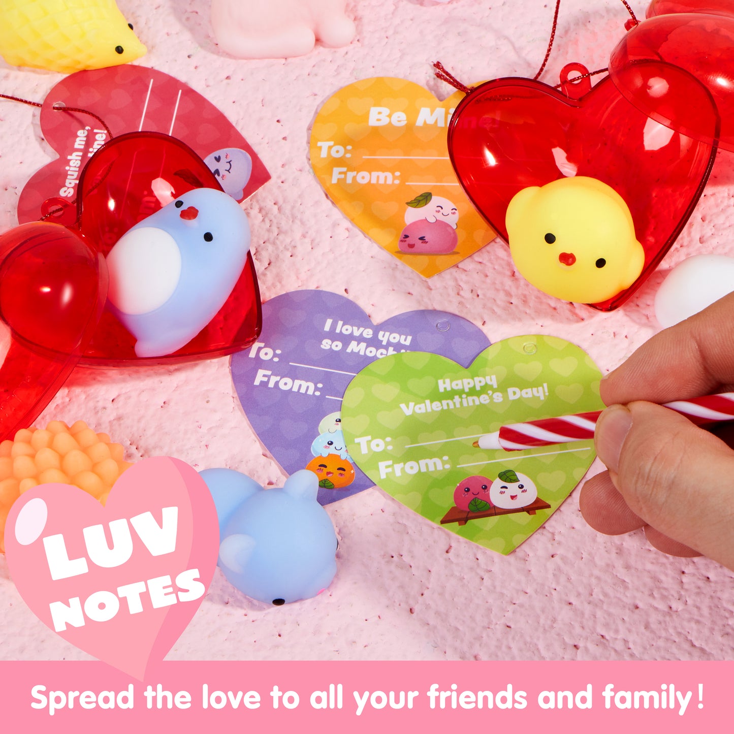 56 Pcs Valentines Cards for Kids (28 Mochi Squishy and 28 Cards),Valentine Kawaii Stress Relief Mochi Squishy Toys Filled Hearts for Kids Classroom Exchange Cards Gifts pack