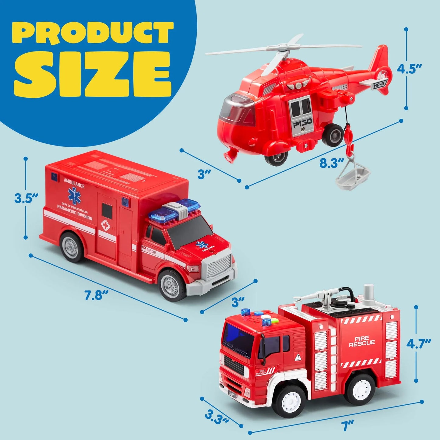 Joyfy Toddlers Play Vehicles Toy, 3 Pack Emergency Rescue Car Vehicles with Light and Sound, Friction Powered Toy for Kids 2 3 4 5 6 Year Old Boys Girls