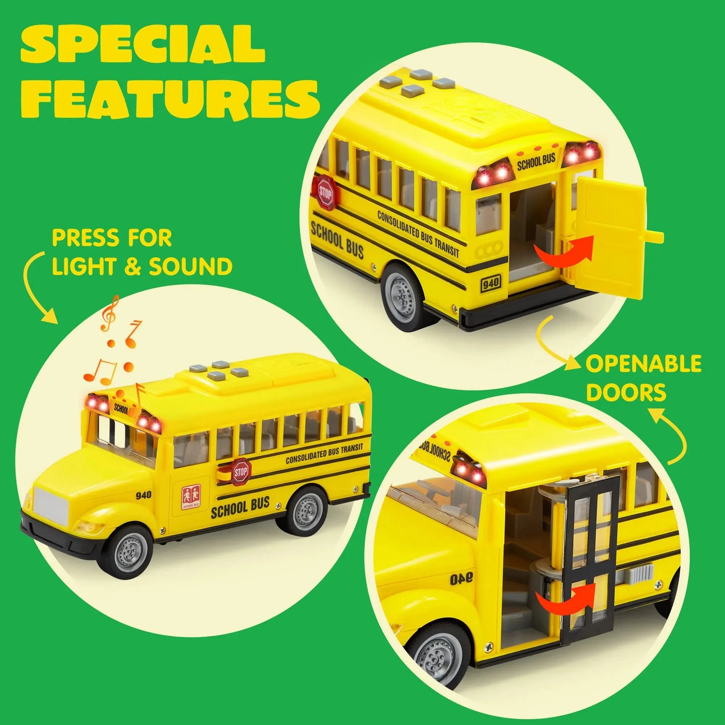 Syncfun 4 Pcs 7" Long Vehicle Toy Set, Toddlers Cars with Lights and Siren Sound, Including Play Police Car, School Bus, Toy Garbage Truck, Ambulance Toy, Birthday Party Gifts Toys for Boys 3-6