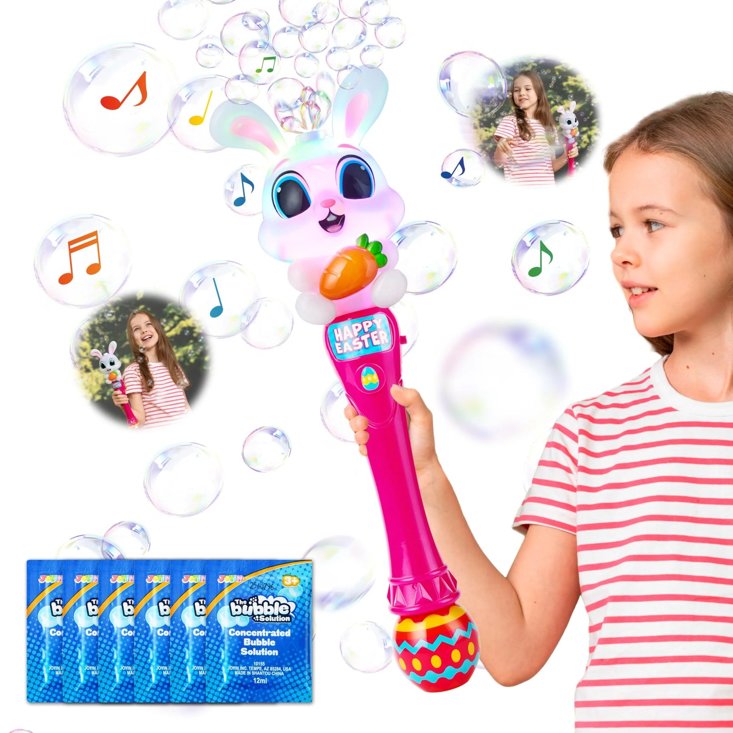 Easter Bunny Bubble Wand Light Up Automatic Bubble Maker with LED & Sound Effect for Kids Age 3+ Birthday Party Gifts, Outdoor, Easter Basket Stuffers