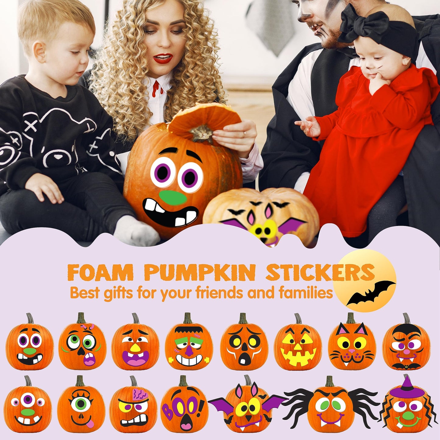 SYNCFUN 16 Pcs Halloween Pumpkin Decorations Kit for Kids,Foam Pumpkin Face Stickers Halloween Party Supplies Halloween Favors Pumpkin Painting Kit