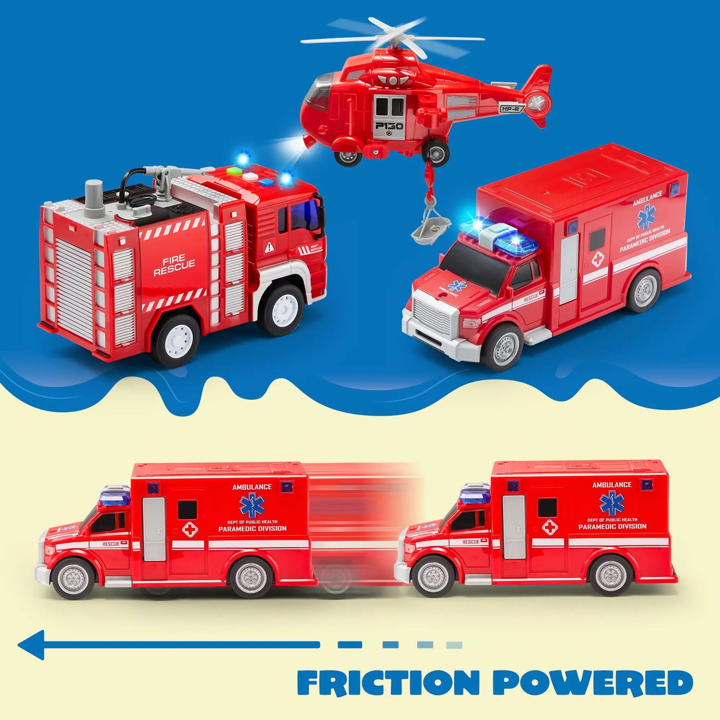 Joyfy Toddlers Play Vehicles Toy, 3 Pack Emergency Rescue Car Vehicles with Light and Sound, Friction Powered Toy for Kids 2 3 4 5 6 Year Old Boys Girls