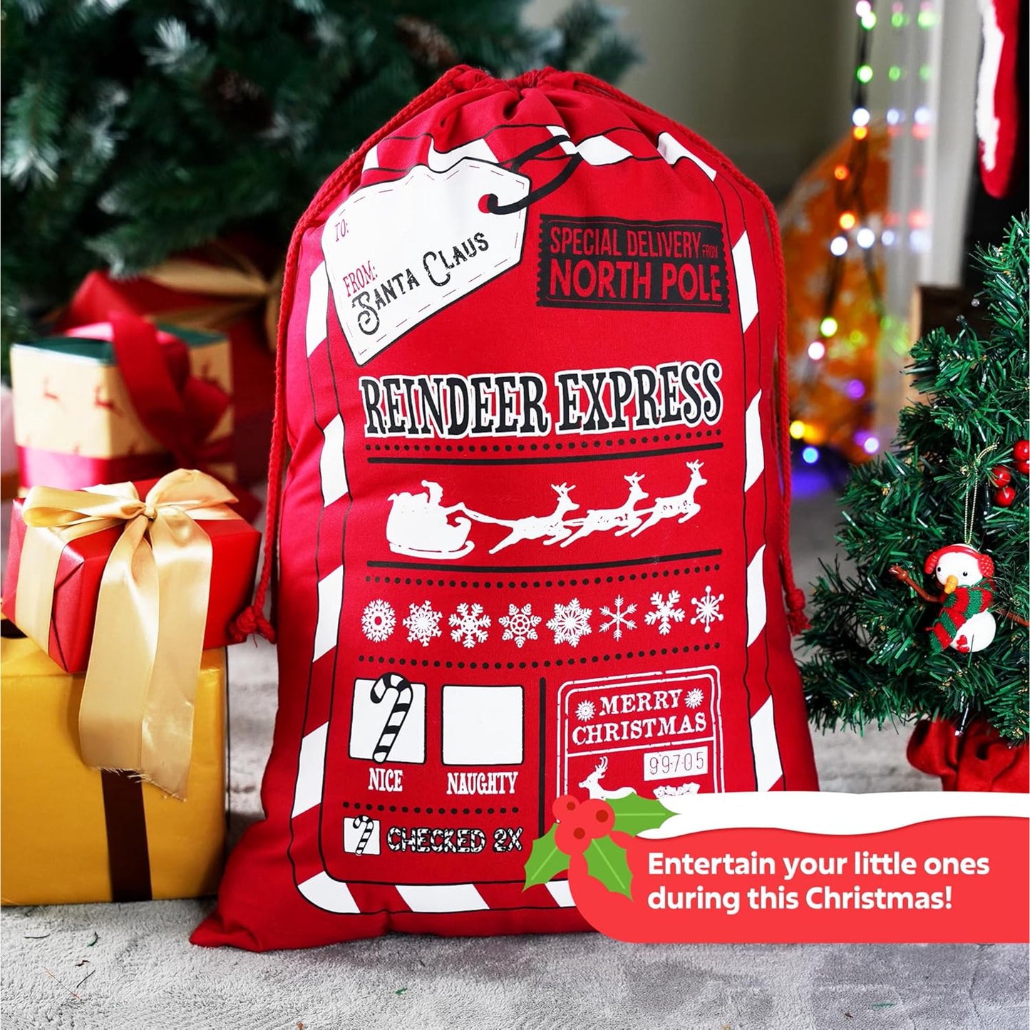 Joyfy 3 PCS Christmas Santa Burlap Sack Gift Bags with Drawstring for Large Xmas Package Storage Bag, Holiday Party Supplies, Xmas Party Favors 26" x 19"