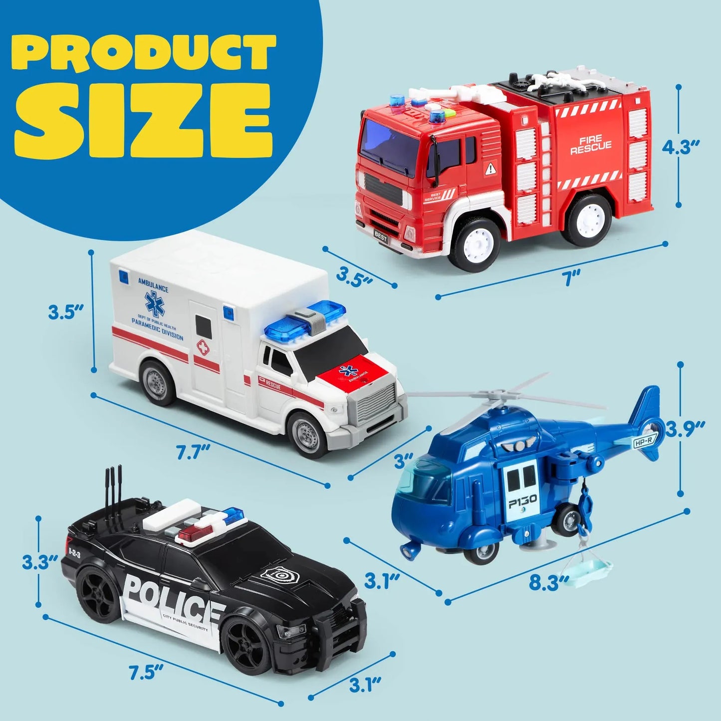 Syncfun 4 Packs Emergency Vehicle Toy Playsets, Friction Powered Vehicles with Light and Sound, Including Fire Truck, Ambulance Toy, Play Police Car and Toy Helicopter, Best Toddler Kids Boys Gifts
