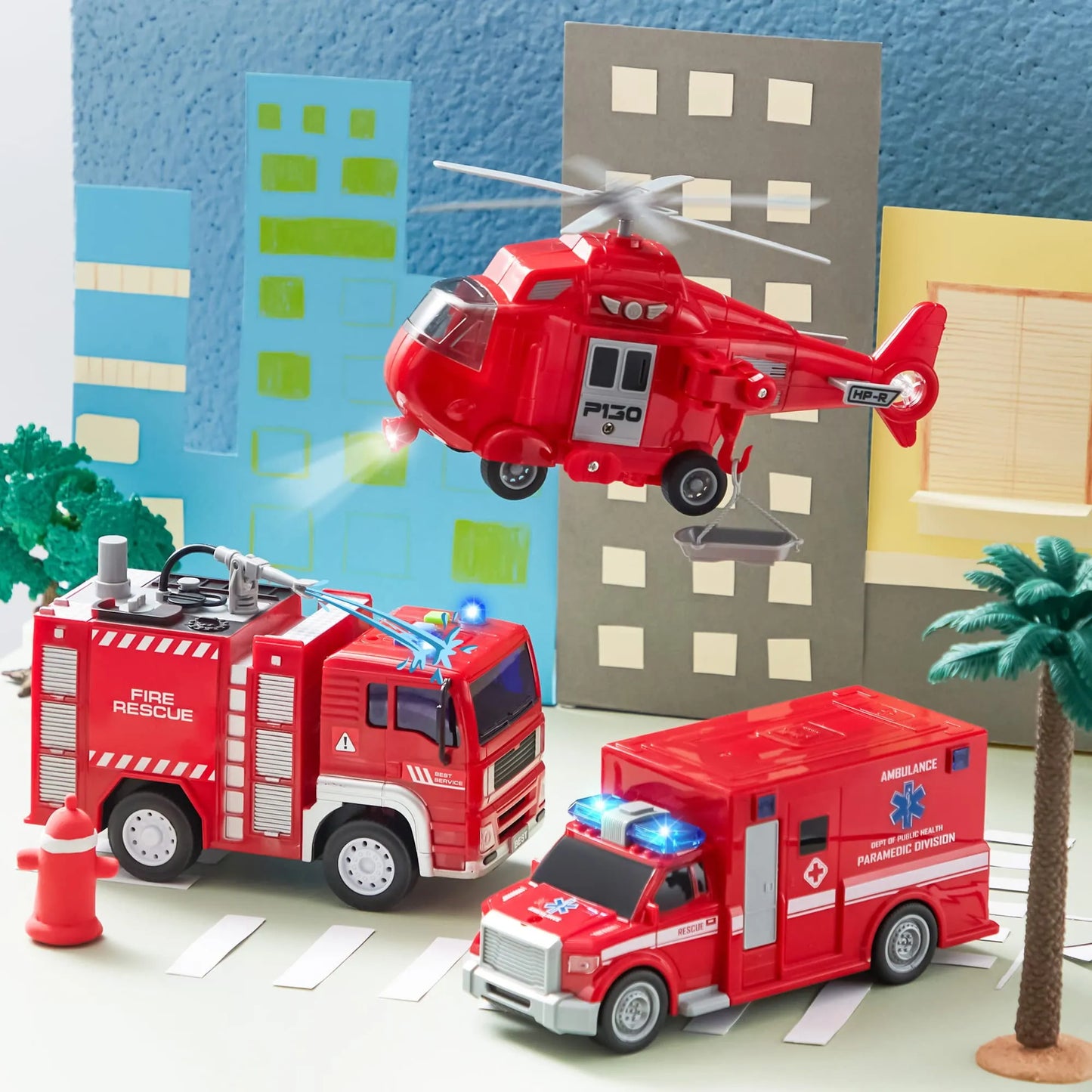 Joyfy Toddlers Play Vehicles Toy, 3 Pack Emergency Rescue Car Vehicles with Light and Sound, Friction Powered Toy for Kids 2 3 4 5 6 Year Old Boys Girls