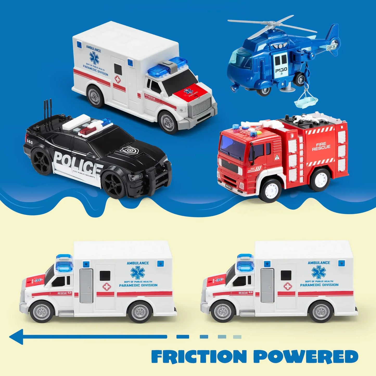 Syncfun 4 Packs Emergency Vehicle Toy Playsets, Friction Powered Vehicles with Light and Sound, Including Fire Truck, Ambulance Toy, Play Police Car and Toy Helicopter, Best Toddler Kids Boys Gifts