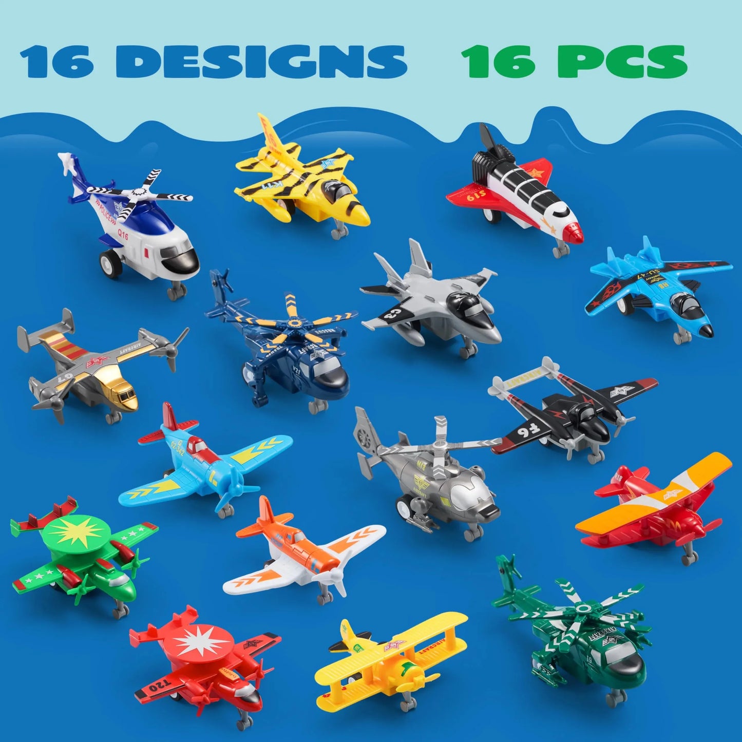 Syncfun 16 Pcs Airplane Toys for Toddlers 1-3, Mini Car Party Favors, Pull Back Plane Playset Including Helicopter, Fighter Jet, Bomber, Biplane, Gifts for Kids