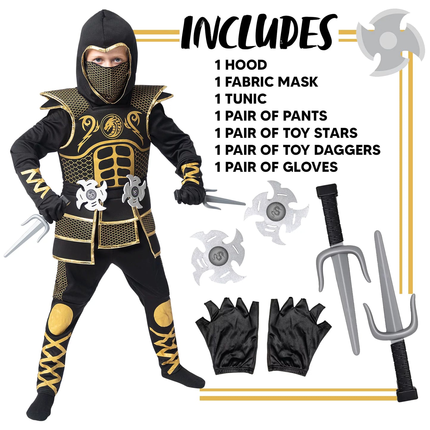 Spooktacular Creations Kids Golden Ninja costume for Boys Halloween Dress Up, Costume Ninja Toddler, Ninja costume t Role Play, S