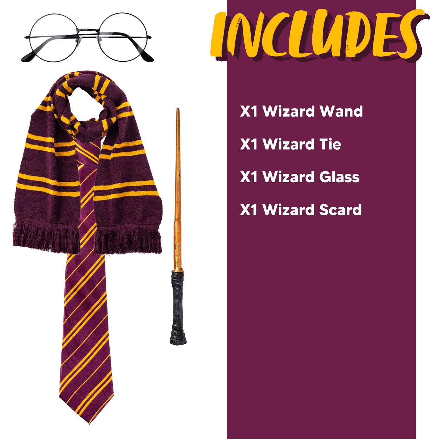 SYNCFUN 4 Pcs Halloween Wizard Costume Accessories Set with Glasses Tie Wand and Scarf,Cosplay Accessories for Kids and Adults Dress Up