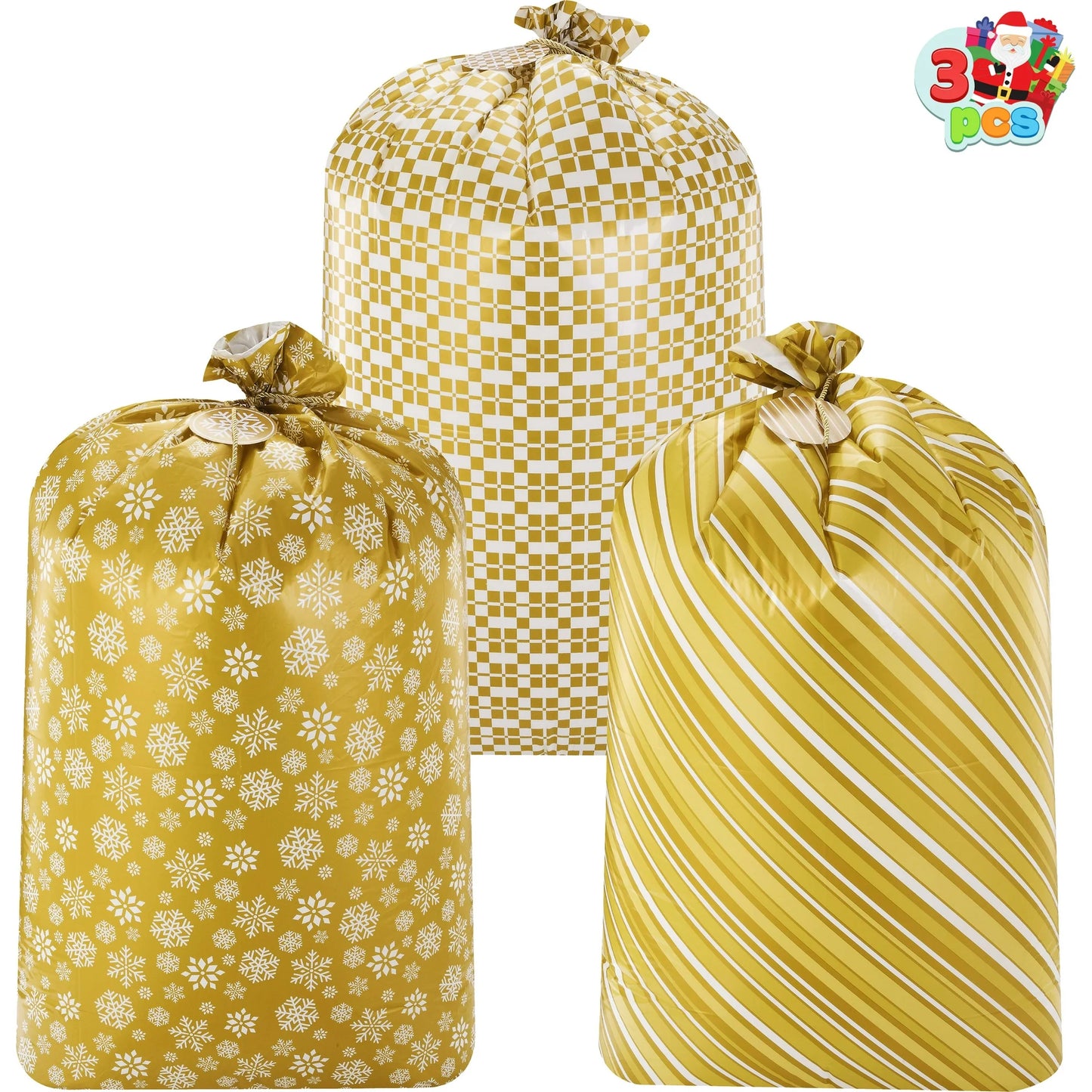 Joyfy 3 Pcs 56”x36”Jumbo Christmas Gift Bag Parties Gold for Xmas Large Holiday Plastic Gift Bag Christmas Decorations Carry-on Luggage Large Toys and Stuffed Animals