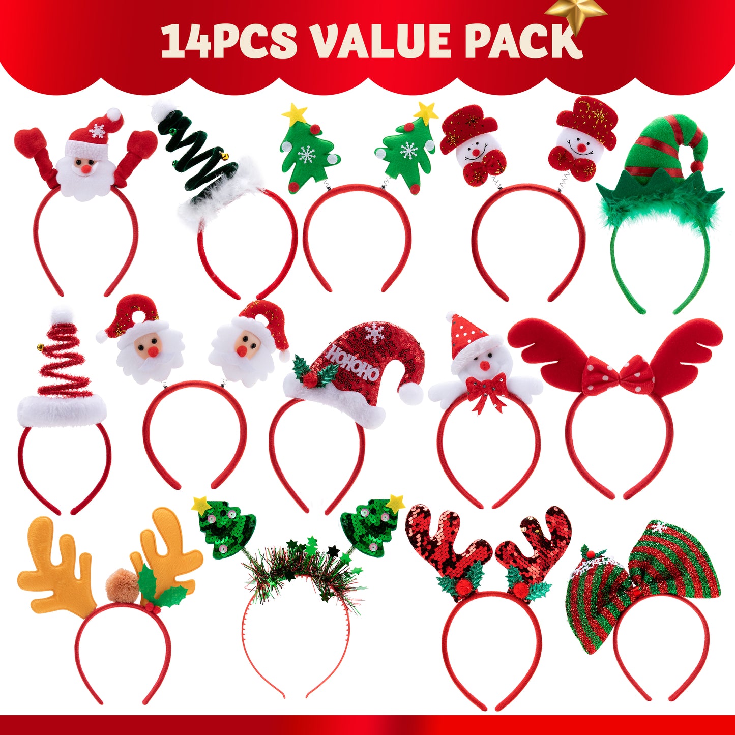 SYNCFUN 14 Pcs Christmas Headbands with Different Designs Santa Holiday Headbands for Kids Women Adult Xmas Party Favors (ONE Size FIT ALL)