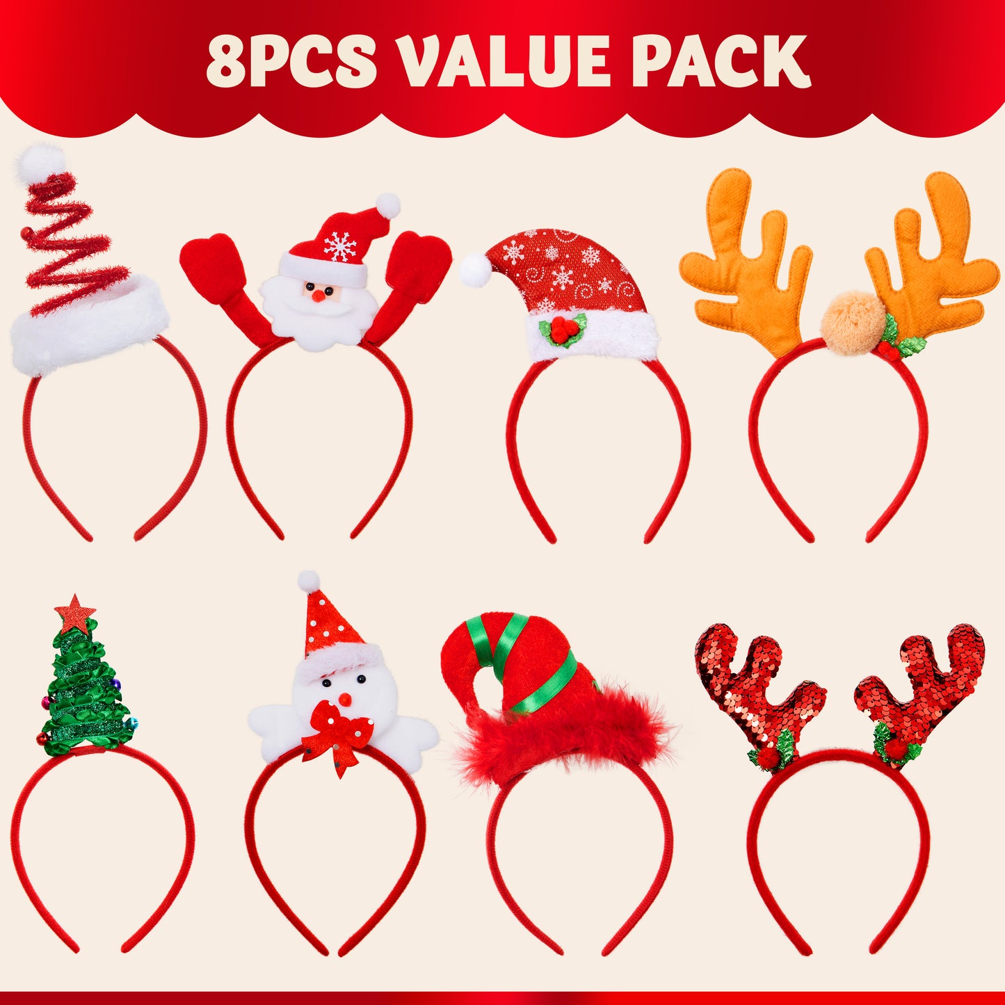 SYNCFUN 8 Pcs Christmas Headbands, Christmas Headwear Christmas Costume Accessories for Women Kids Holiday Party Favors Photo Props ONE Size FIT ALL