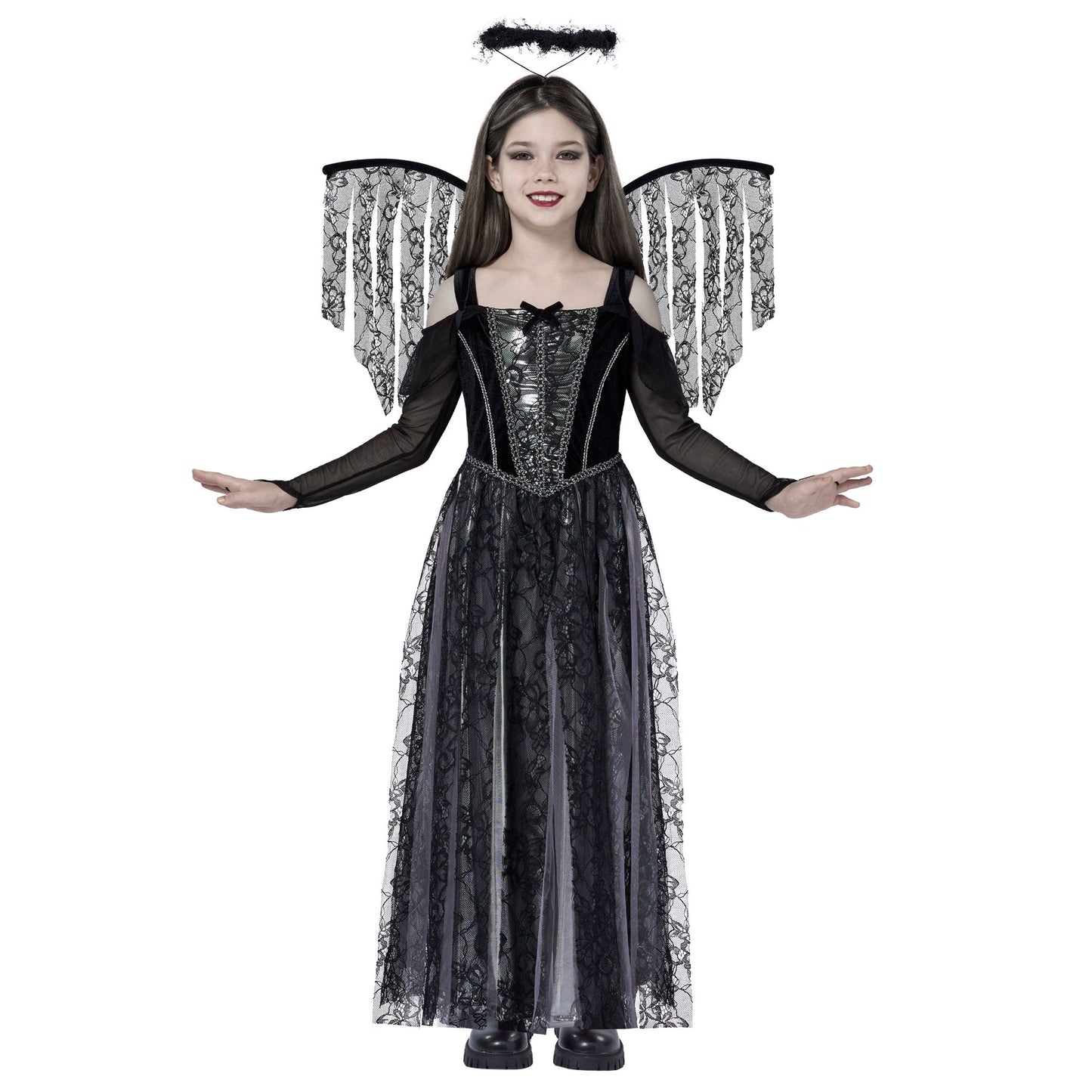 Syncfun Angel Costume for Kids, Angel Black Dress With Wing Headband Halloween Devil Costume Set for Girls Halloween Party Dress Up 8+