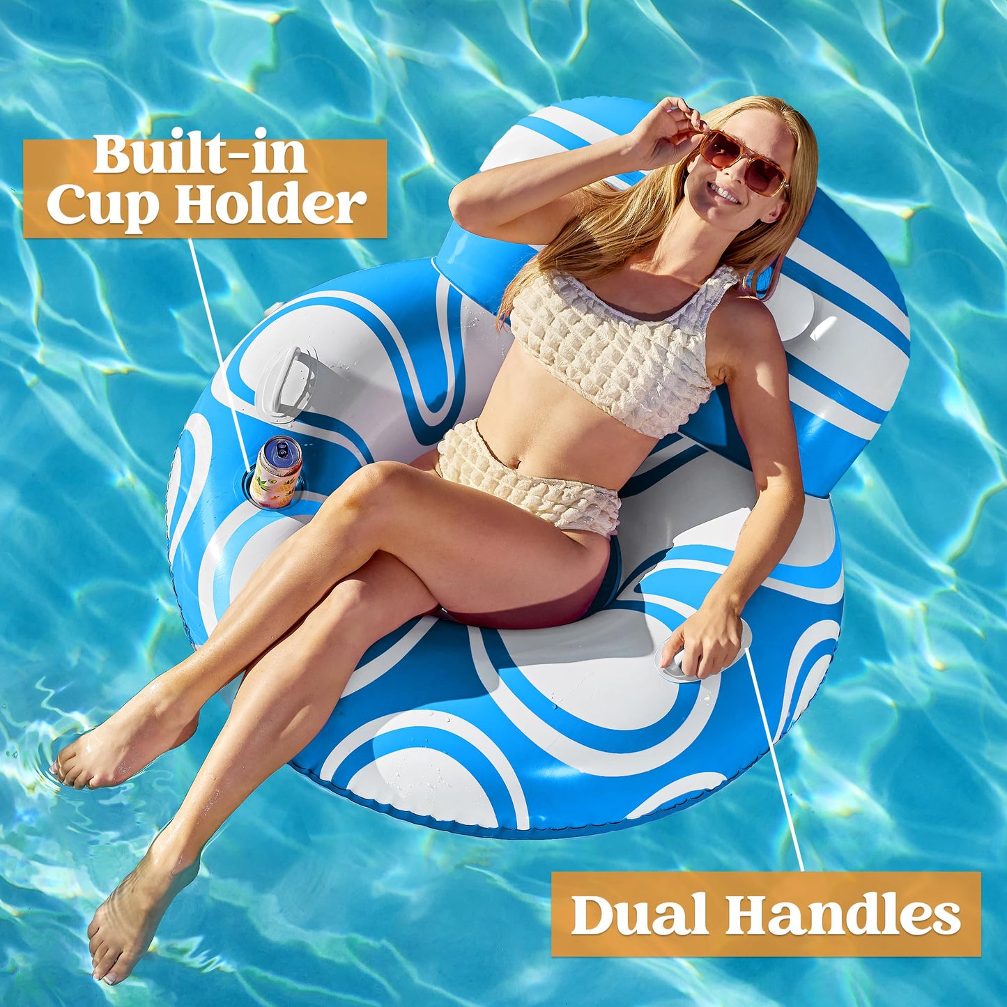 SYNCFUN Inflatable Pool Float Chair with Backrest, Floating Pool Chair Lounge Floats for Swimming Pool Water Chair Pool Lounger with Cup Holder Pool Toys Party Floaties for Adults