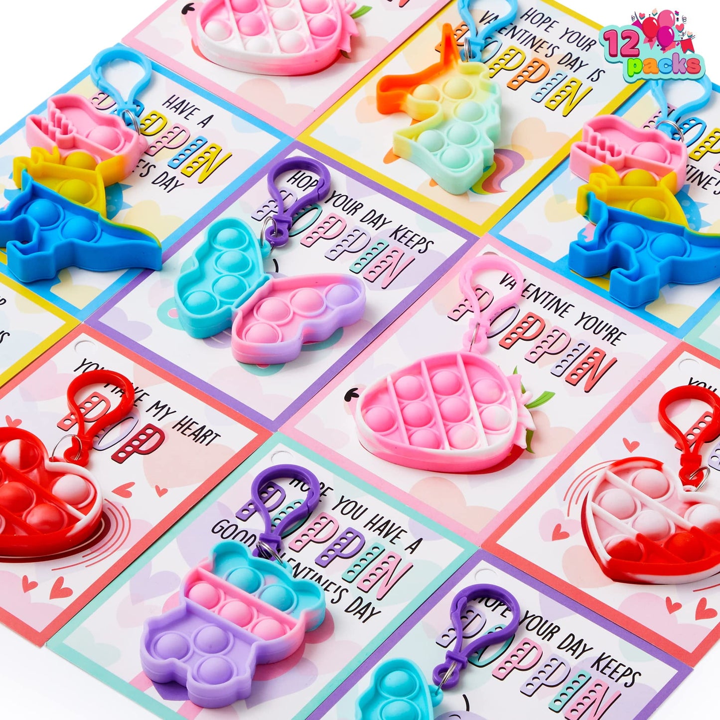 12 Packs Valentines Day Cards with pop Fidget Keychains Toys, Fidget Valentines Day Cards for Kids School Classroom Exchange Card Gifts
