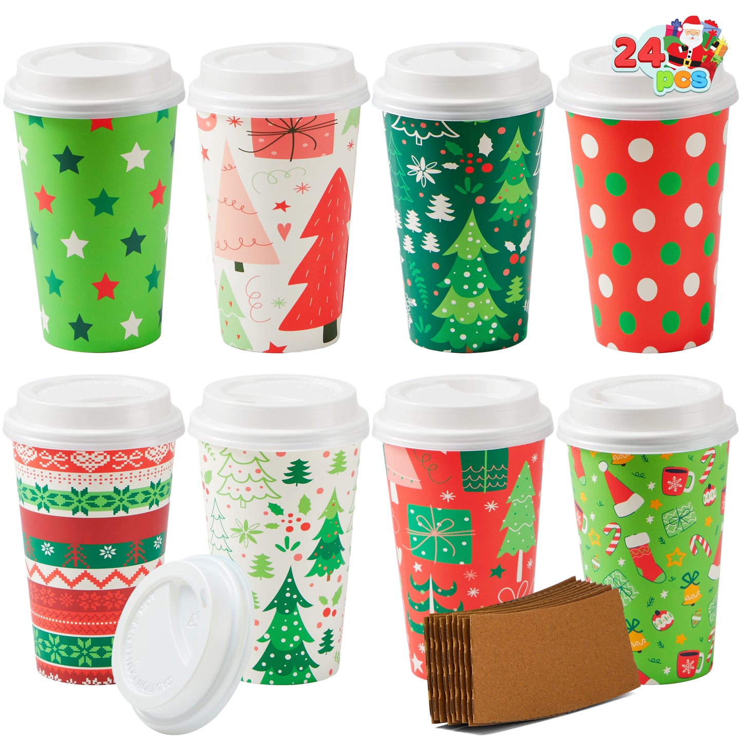 Joyfy 24 Pcs Christmas Disposable Paper Cups, 16 oz Xmas Dinnerware Cups With Cup Sleeves and Lids, 8 Designs Hot/Cold Beverages Tableware for Holiday Party Supplies