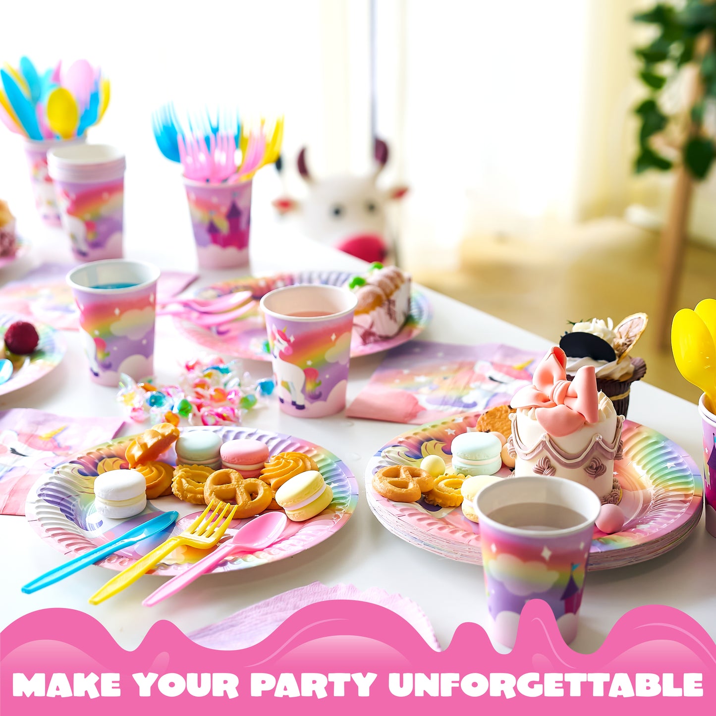 Syncfun 145 Pcs Unicorn Party Supplies with Unicorn Banner for Girls Birthday Party, 24 Serves Disposable Tableware Set for Unicorn Themes Party Kids Age 2 3 4 5 6 7 8