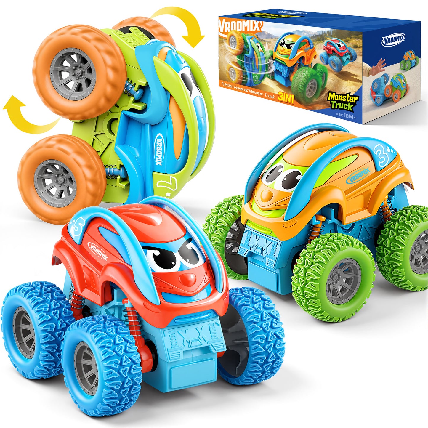 VROOMIX 3‑Piece Stunt Monster Truck Toys, Friction Driven Pull‑Back Cars with Crash Flip & Bouncing Action, Great Christmas & Birthday Gift for Boys Ages 18M+